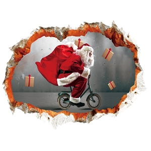 Sticker mural 3D du Père Noël à vélo avec cadeaux sortant d'un trou dans le mur