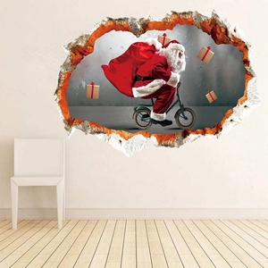Sticker mural 3D détaillé du Père Noël à vélo avec cadeaux et effet de mur fissuré réaliste