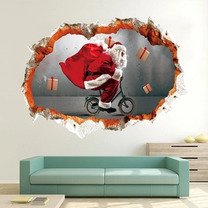 Sticker mural Noël 3D avec le Père Noël à vélo à travers un effet de mur cassé