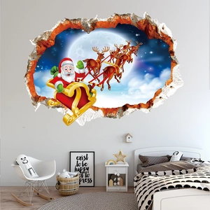 3D Christmas wall sticker showing Santa on a reindeer sleigh flying over the moon