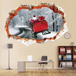 Sticker mural 3D de Noël avec le Père Noël sur un traîneau de rennes et un effet mur brisé