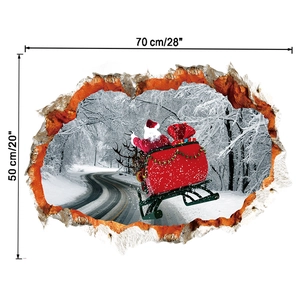 Sticker mural 3D Père Noël avec traîneau avec dimensions précises de 70x50 cm