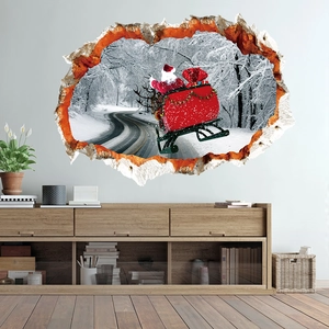 Sticker mural 3D de Noël montrant le Père Noël sur un traîneau avec effet mur brisé