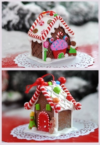 Detailed close-up of handmade gingerbread house ornaments with festive snow textures
