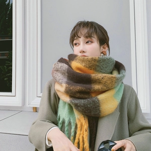 Rainbow plaid chunky knit scarf with tassels made of warm faux cashmere material