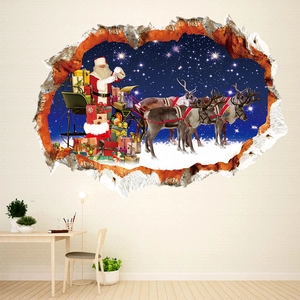 3D Christmas wall sticker featuring Santa on a reindeer sleigh with a broken wall effect