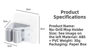 Detailed size chart and specifications for white wall-mounted mop holder and broom clip