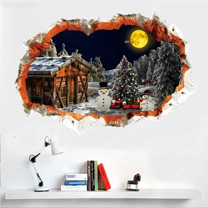 Sticker mural 3D de Noël avec bonhomme de neige, renne et Père Noël pour décoration