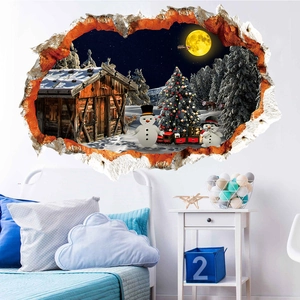 Sticker Mural 3D Noël Bonhomme de Neige Sapin Maison en Bois PVC Décalcomanie Décorative pour Chambre d'Enfant Salon Maison