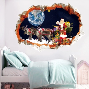 3D Santa Claus reindeer sleigh broken wall sticker for Christmas kids room decor