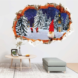 3D Christmas wall sticker with gnomes and pine trees for festive living room decor