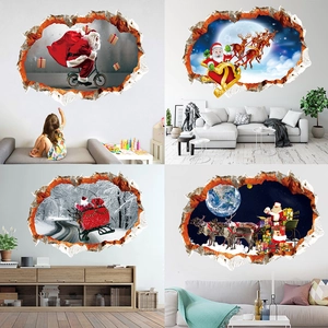 Stickers Muraux 3D Noël Père Noël Renne Traîneau Effet Mur Brisé PVC Décoration Salon Chambre Enfant