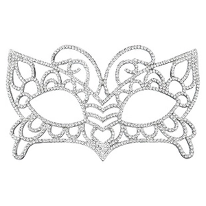 Detailed view of silver bridal face mask with sparkling rhinestones and hollow mesh design