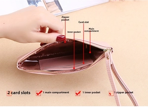 Detailed interior of pink PU leather wallet showing card slots and zipper pocket