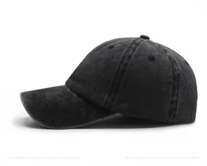 Side view of washed dark grey cotton baseball cap with vintage distressed texture