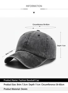 Size specifications of washed denim baseball cap with 7.5cm brim and adjustable strap