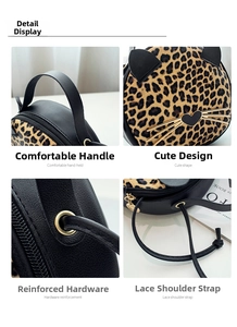 Detailed view of leopard print cat bag with golden metal whiskers and leather handles