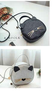 Detail of sequin cat crossbody bag featuring metallic whiskers and cute ears decoration