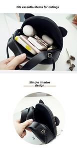Detail view of the compact cat-ear shoulder bag showing interior space for phone and makeup