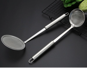 Detail of stainless steel fine mesh skimmers with handle hooks for kitchen straining