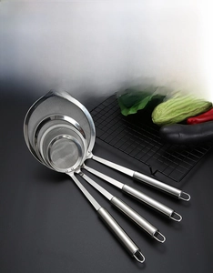 Detail view of 304 stainless steel fine mesh strainers in four different sizes