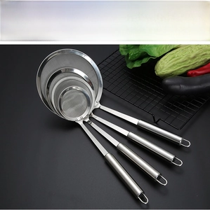 Detailed close-up of 4-piece stainless steel fine mesh strainers with hanging hooks