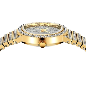 Side view of golden women's watch featuring a crystal-encrusted dial and link bracelet