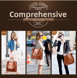 Three-way carry brown leather bucket bag shown on a model in urban street settings