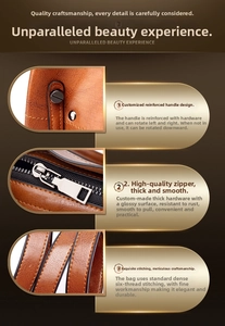 Detail of reinforced metal hardware, smooth custom zipper, and precision stitching on leather bag