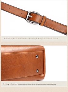 Detail of adjustable silver buckle strap and protective metal rivets on brown leather bag