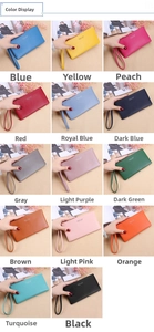 Litchi pattern women's long zipper wallets displayed in 14 colors with wrist straps