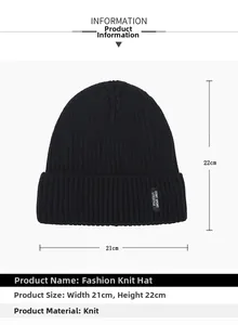 Technical specification of black knit beanie with sport label and size measurements