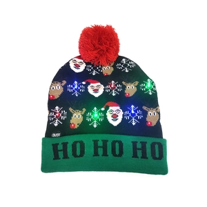 Detail of LED Christmas knit hat with HO HO HO embroidery and functional ON/OFF switch