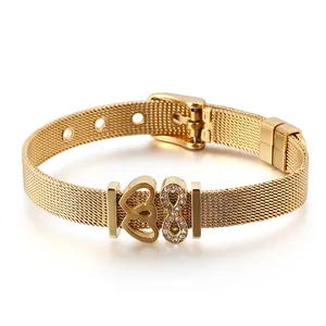 Stainless Steel Mesh Band Bracelet With Heart And Infinity Charms Rhinestone Adjustable Watch Style Jewelry For Women