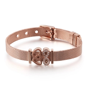 Elegant rose gold stainless steel mesh bracelet with heart and infinity crystal charms