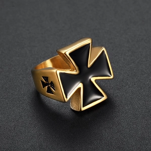 Polished gold and black stainless steel cross ring for men with vintage enamel finish