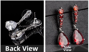 Macro view showing the side and back details of pear-cut zircon tassel drop earrings