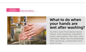 Detail of hanging kitchen towel with high water absorption and soft fruit patterns