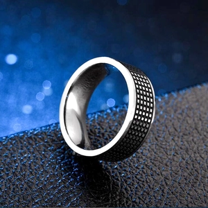 Retro titanium steel ring with black mesh design and silver finish for men