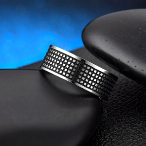 Vintage titanium steel ring for men featuring a black square grid pattern texture