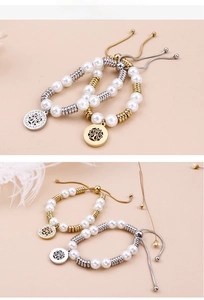 Detail of adjustable pearl bracelet with Tree of Life charm and gold spiral beads