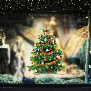 Green Christmas tree wall sticker with colorful ornaments and star topper for window decor