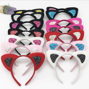 Sequin cat ear headbands set in various colors like black, red, and pink for parties