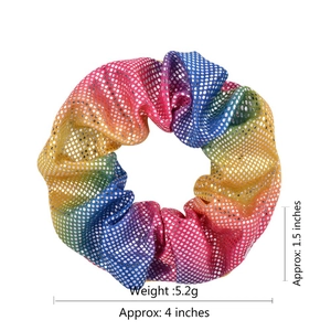 Rainbow gradient scrunchie with silver dots and 4 inch size specification on white background