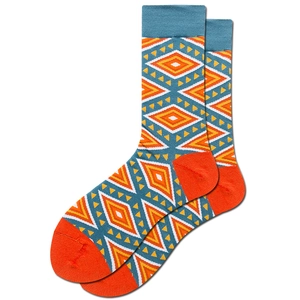 Detail view of colorful geometric diamond pattern on premium cotton knit crew socks