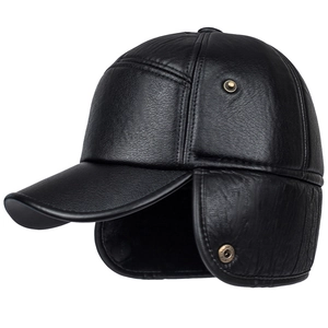 Men's winter PU leather baseball cap with ear flaps and textured finish on white background