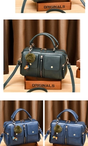 Detailed view of deep green and royal blue PU leather handbags with decorative pom-poms