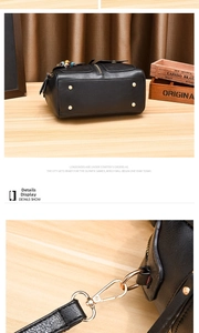 Detail of black PU leather bag showing golden metal bottom studs and bead charm