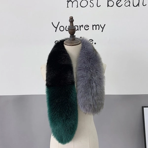 Detail shot of the three-color faux fur scarf in black, dark green, and grey luxury textures