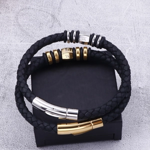 Vintage punk black leather bracelets with silver and gold stainless steel clasps